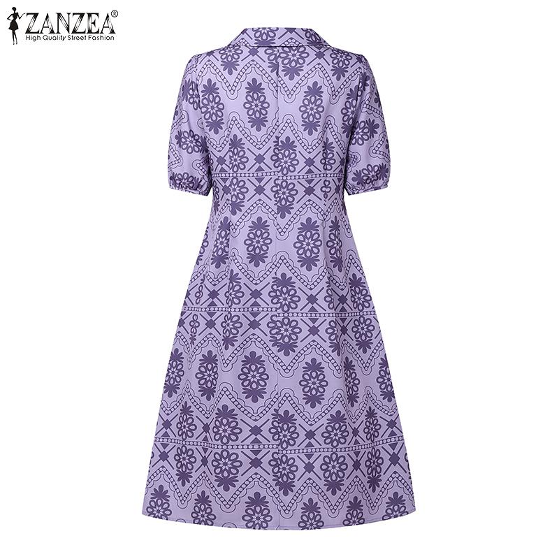 ZANZEA Women Casual Turn Down Collar Short Sleeve Summer Print Dress