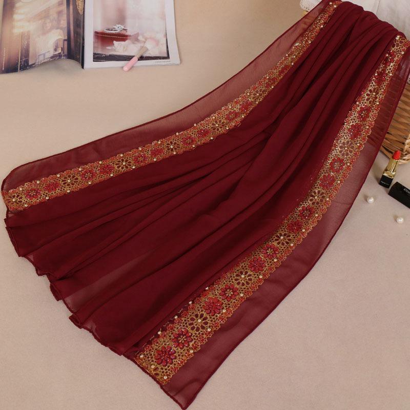 Malay new women's pearl chiffon splicing lace scarf, colored pearl-studded monochrome long scarf YW