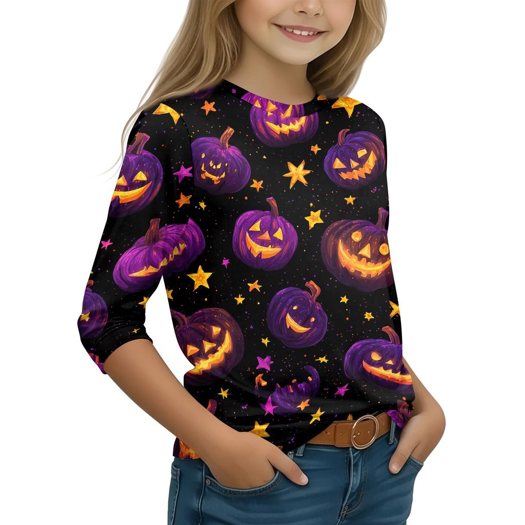 Kids Casual Long Sleeve T-Shirt with Halloween Print Round Neck for Party Costume