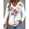Women's V-Neck Long Sleeve,Flower Butterfly Printed Polyester Relaxed Fit Tee Shirt,Spring Autumn Casual Comfort Tops