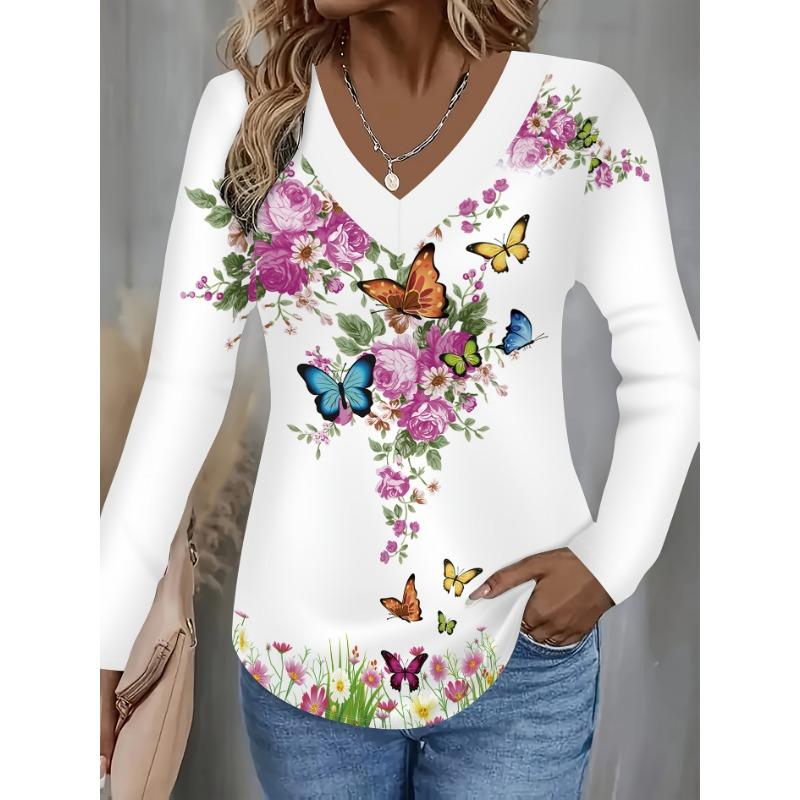 Women s V-Neck Long Sleeve,Flower Butterfly Printed Polyester Relaxed Fit Tee Shirt,Spring Autumn Casual Comfort Tops S