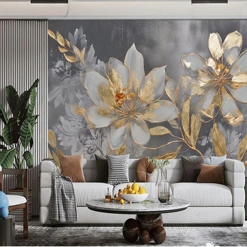 Modern Flower Wallpaper Gold Leaf Flower Mural Living Room Bedroom Wall Mural Home Decor