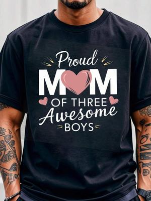 Men Proud MOM Of Three Awesome T-Shirt Black Tee With Heart Designs Stylish Casual Wear Unique Font Mix Perfect For Everyday Out