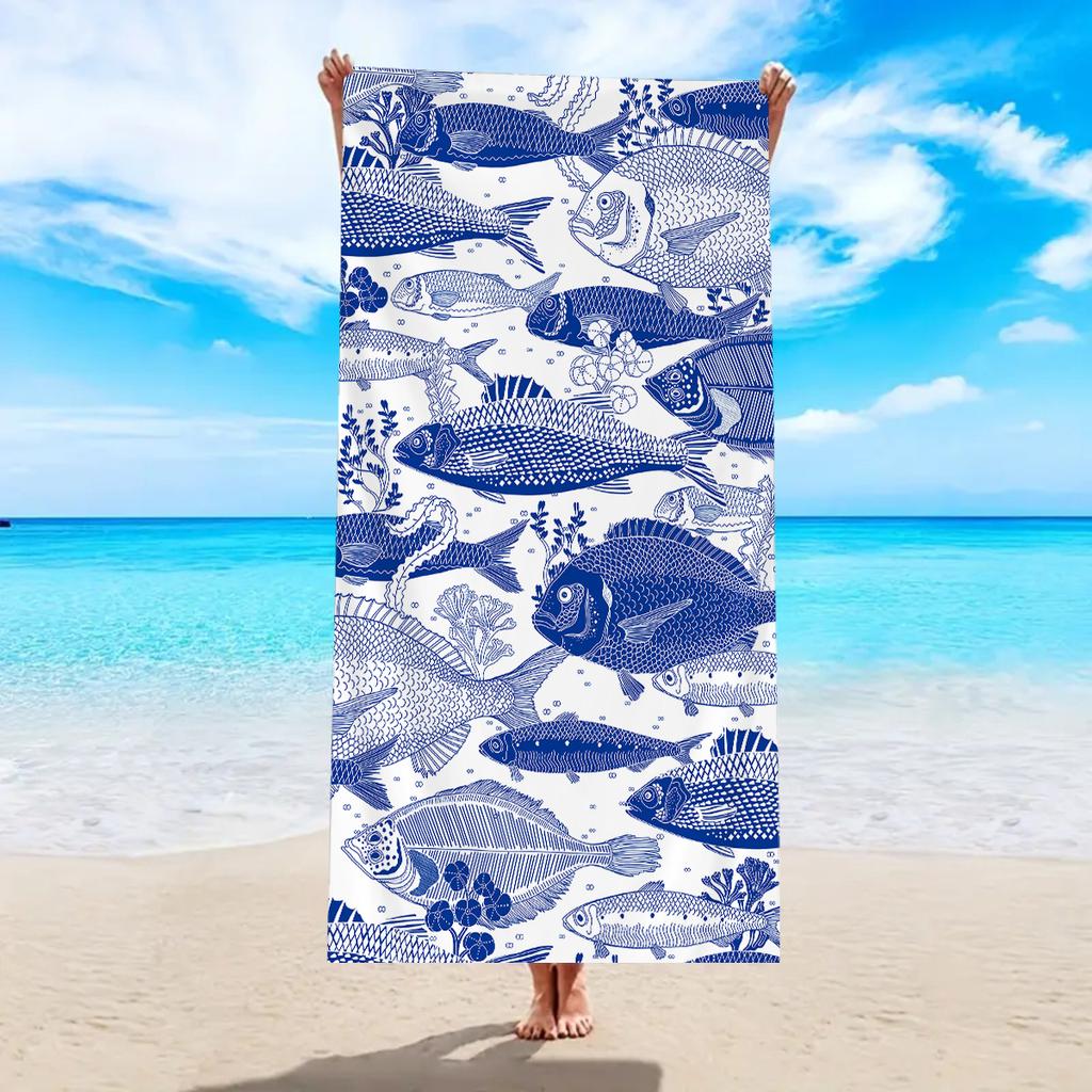 1 pieza toalla de playa de fibra ultrafina con patrón de pez y delfín, elemento oceánico, adecuada para acampar, playa, natación, toalla de playa esencial