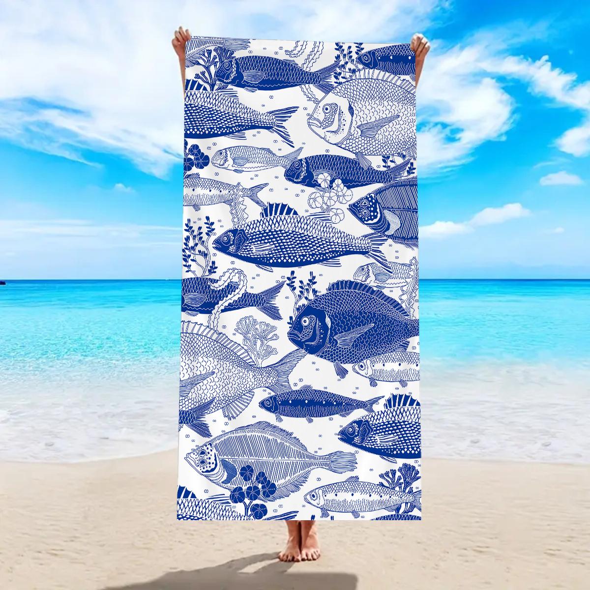 

1pc ocean element fish dolphin pattern ultra-fine fiber beach towel, suitable for camping, beach, swimming essential beach towel W30*H60(CM)