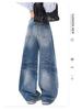 Women's Retro Blue High Waist Wide Leg Jeans - Spring Straight Floor-Length Trousers