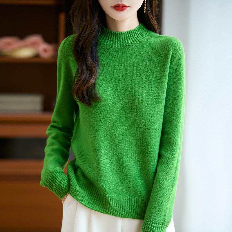 Women's 25% Pure Wool Seamless Half-High Collar Sweater - Autumn/Winter Warm Base Layer Knitwear