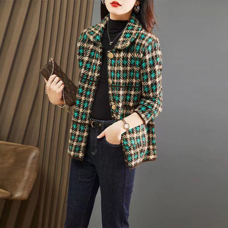 Women's Korean-Style Plaid Wool Jacket - Loose Short Fit, Trendy Autumn/Winter 2025 Collection