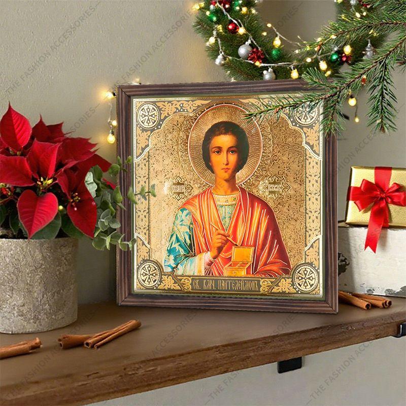 Dekoratiivne maalimine õigeusu ikoonidele, Pühitsetud ikoon "Püha Panteleimon Tervendaja", Fotoraami maalimine, Kristlik seinakunst, 20cm*20cm, Vaimulik kingitus