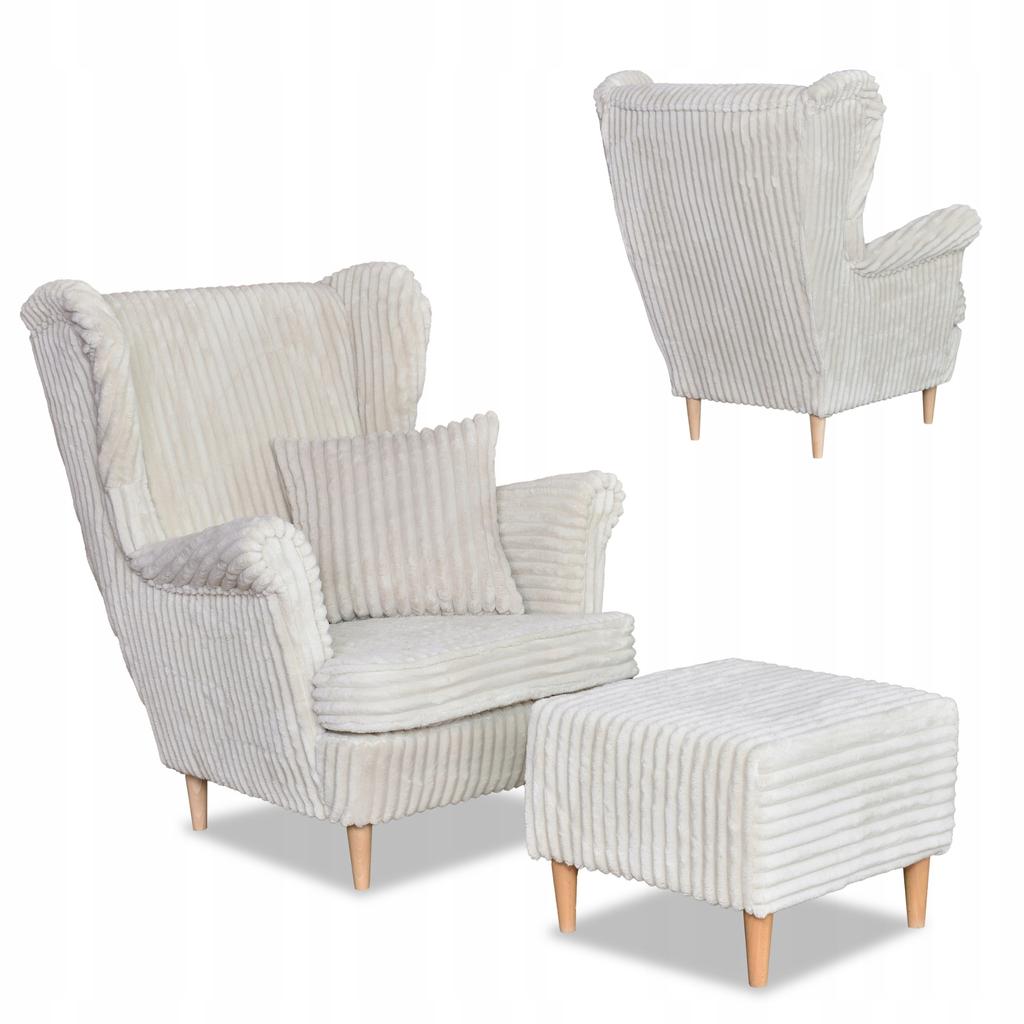 Rene Wingback Chair with Footstool Scandinavian Family Furniture Beige Corduroy