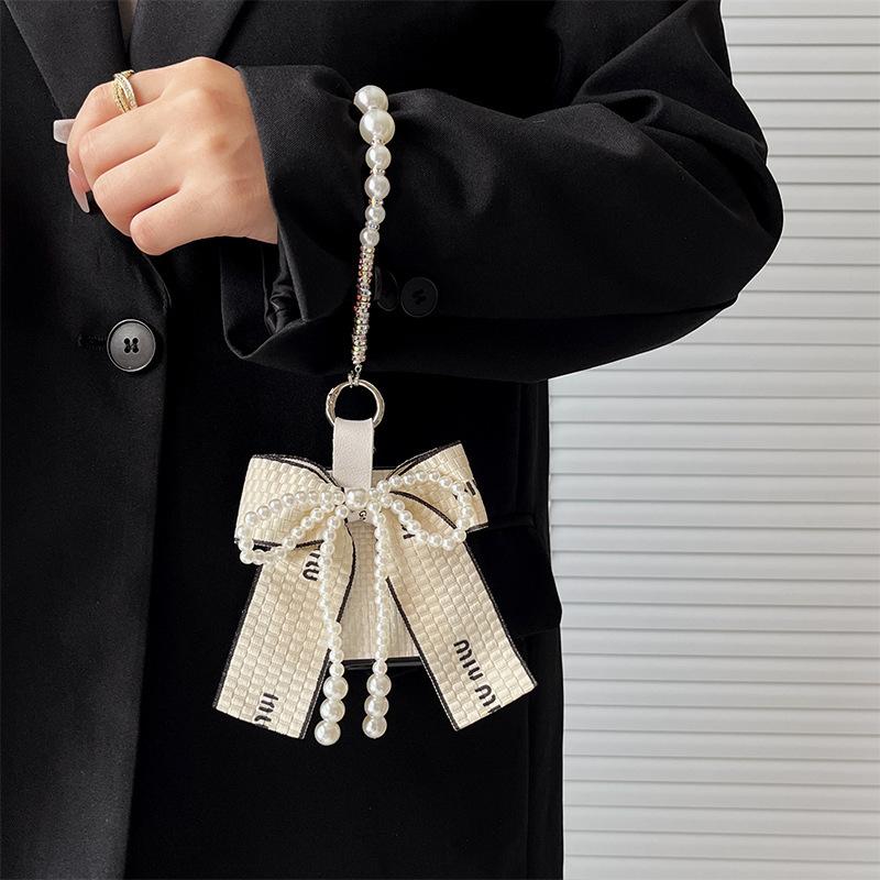 Pearl Hand Chain Mobile Phone Case for Samsung Zflip5 Bow W24flip Leather Hard Shell Rhinestone Letters