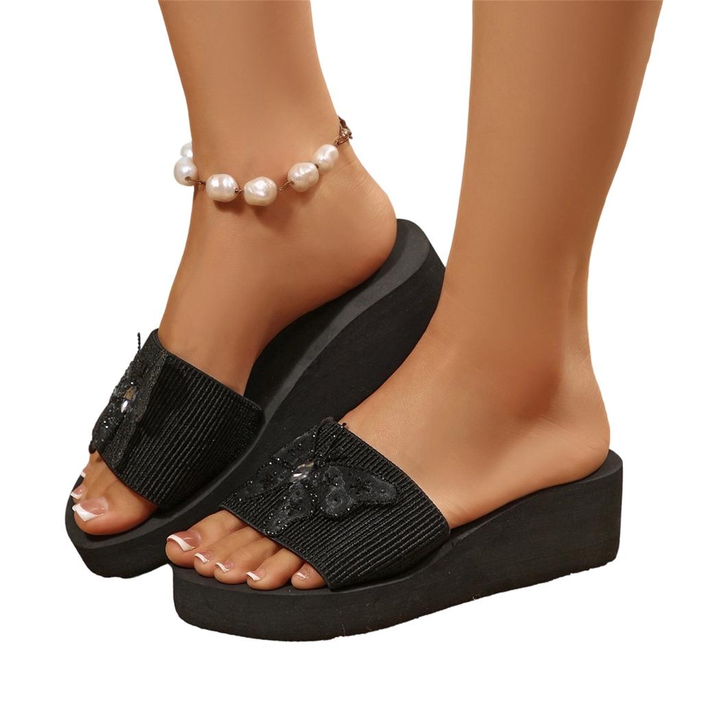 Women's Fashion Plus Size Platform Slide Sandals with Rhinestone Butterfly Decoration Thick Sole Comfortable Casual Footwear