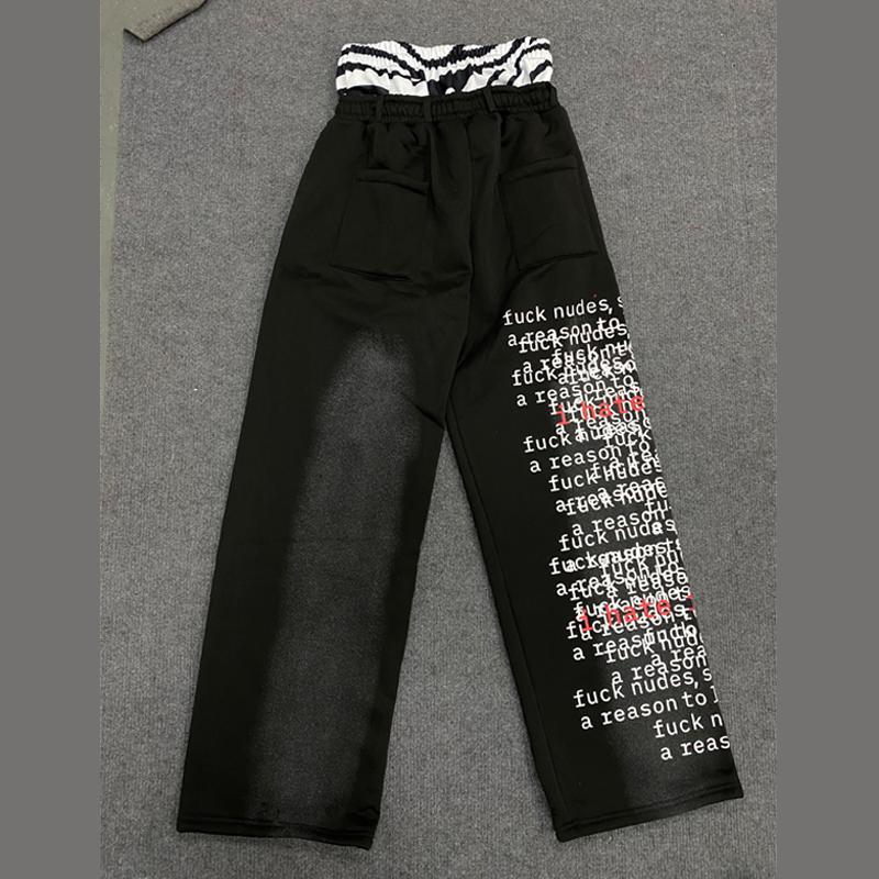 Drawstring fake two piece letter print loose hip-hop sports casual straight leg black wide leg pants for men and women