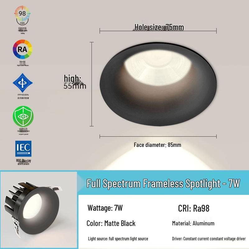 Frameless 75mm LED Downlight, Deep Anti-Glare, Eye-Protective Spotlight for Living Rooms.