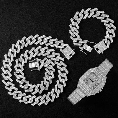 20mm Halskette + Uhr + Armband Hip Hop Miami Curb Kubanische Kette Iced Out Gepflasterte Strasssteine Cz Bling Rapper Für Männer Schmuck
