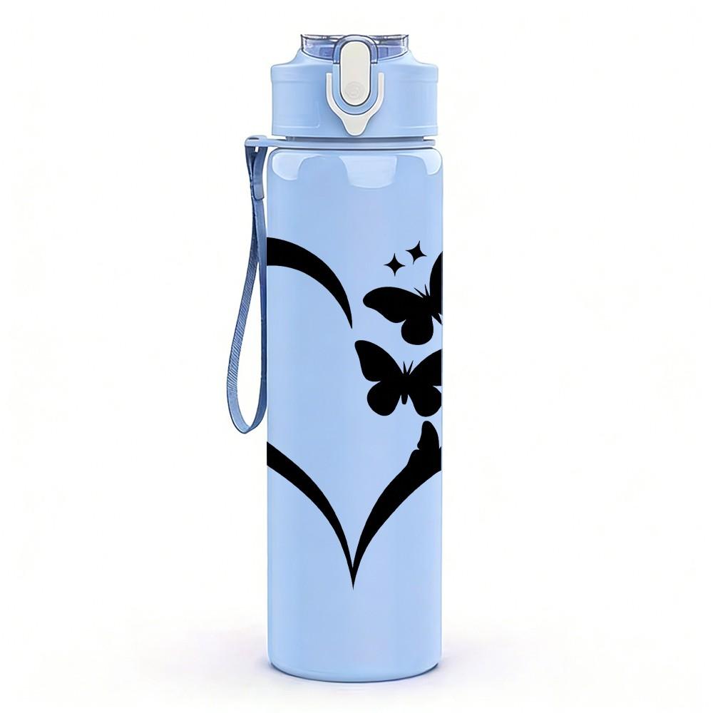 1PC Heart Butterfly Silhouette 750ml Color Plastic Sports Water Bottle Leakproof Flip Straw Lid Suitable for Sports Office Home Use
