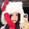 Winter White Plush Caps Red Bow Cute Cat Ear Women Warm Protection Ear WindProof Hat Soft Fashion Accessories Girls Fluffy Hats