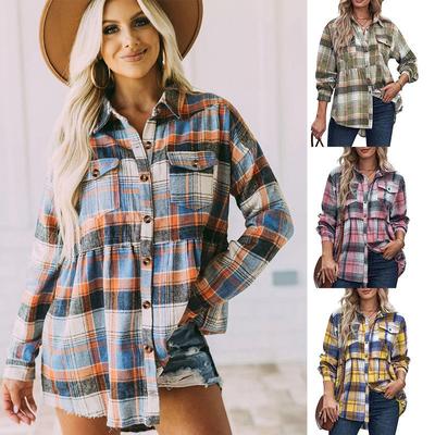 Lässige Bluse für Damen, Übergröße, kariert, mit Knopfleiste, lange Ärmel, Umlegekragen