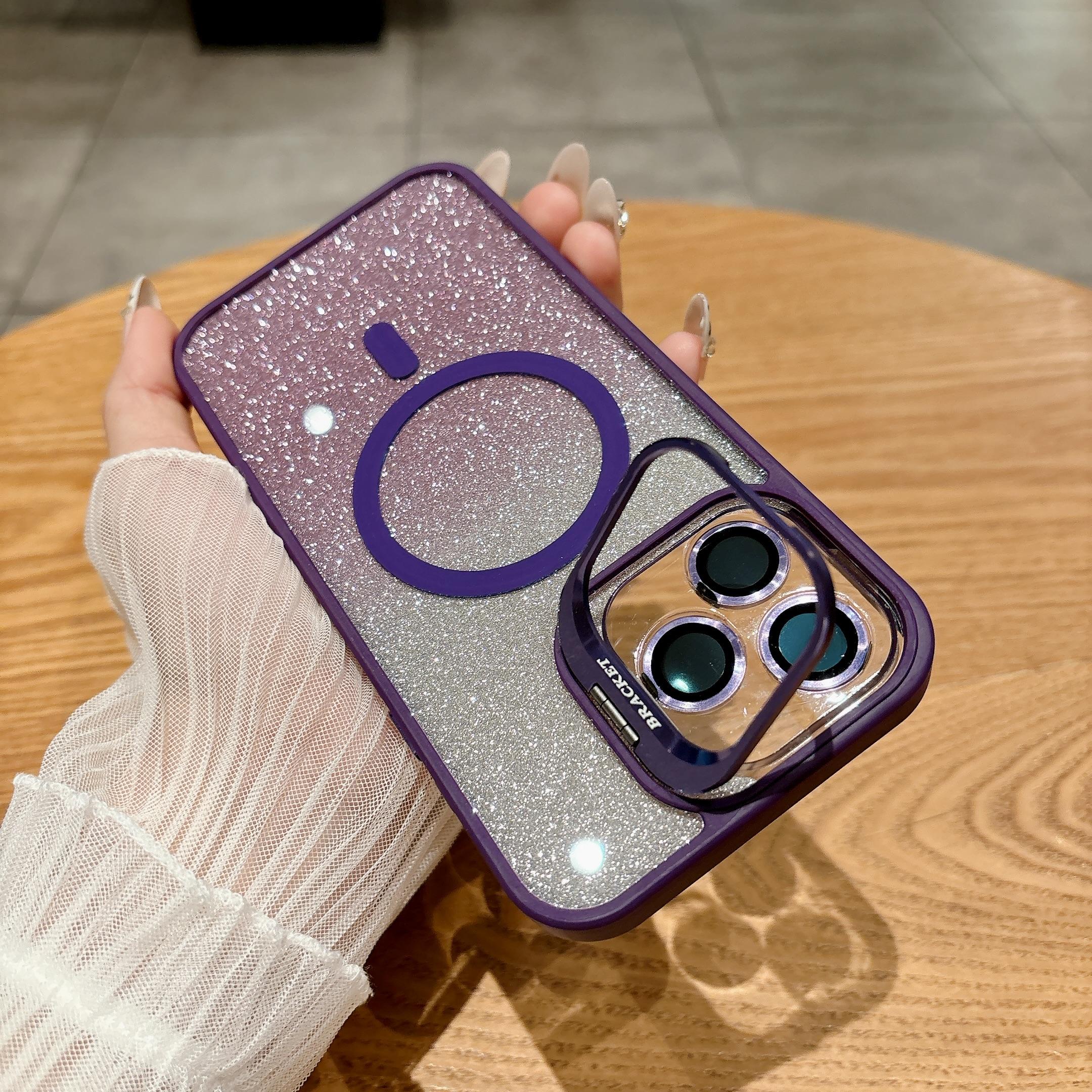 

Роскошный магнитный противоударный чехол для телефона Flash Powder для iPhone 15 11 13 12 16 ProMax для Magsafe Stand Glass Lens Protector Cover For iPhone 16 Plus темно-фиолетового