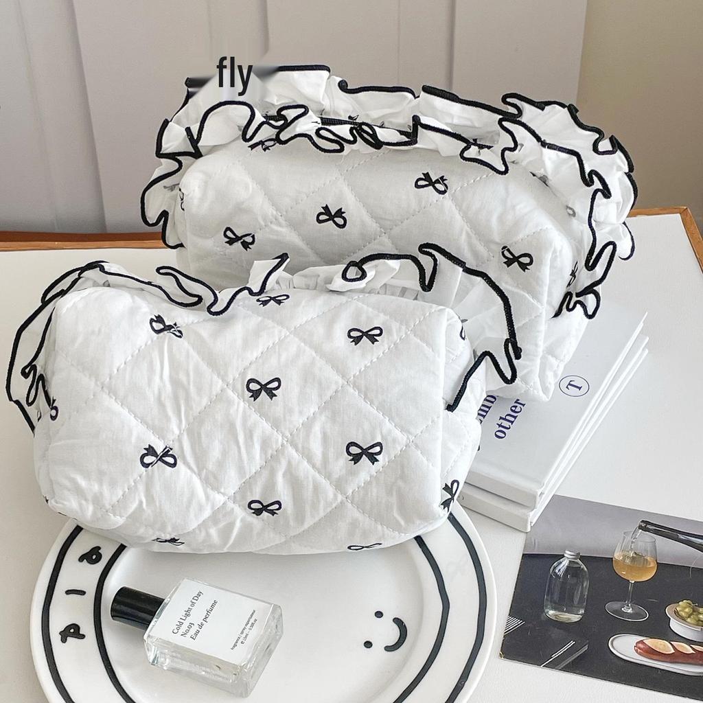 Lace Bow Makeup Bag: Sweet Fresh Lotus Leaf Design Clutch with Diamond Accents