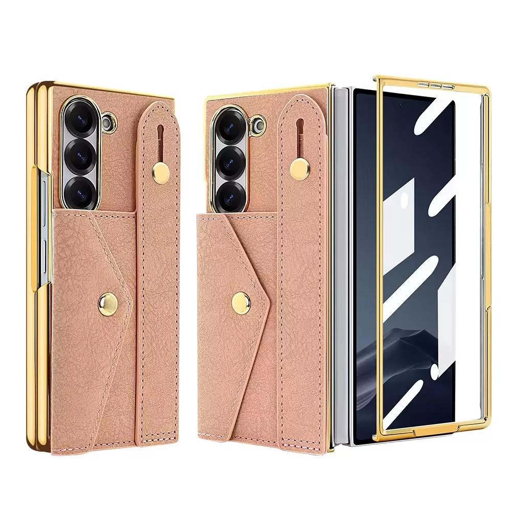 Card Bag PU Leather Integrated Case and Screen Protector Phone Case with Wrist Strap for Samsung Z Fold 7 6 5 4
