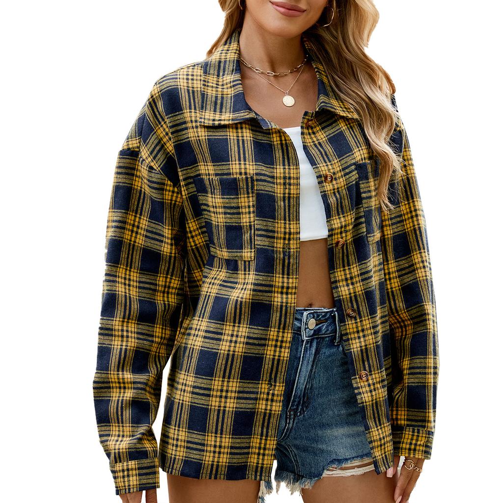 Women's Lapel Long Sleeve Plaid Shirt Loose Fit Elegant Commuter Pocket Design Wrinkle Resistant 100% Rayon Casual Oversized Shirt Jacket