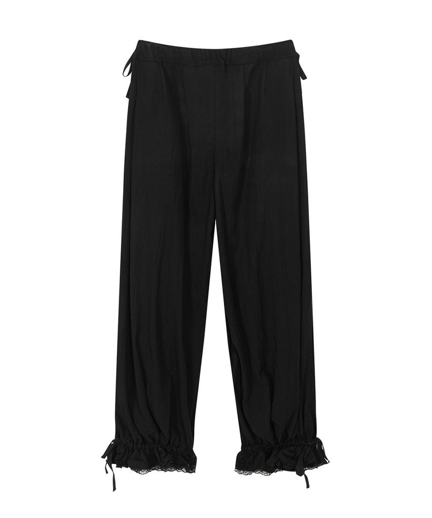 Haitaideupeulaengki Lace Hem Wide Pants Black