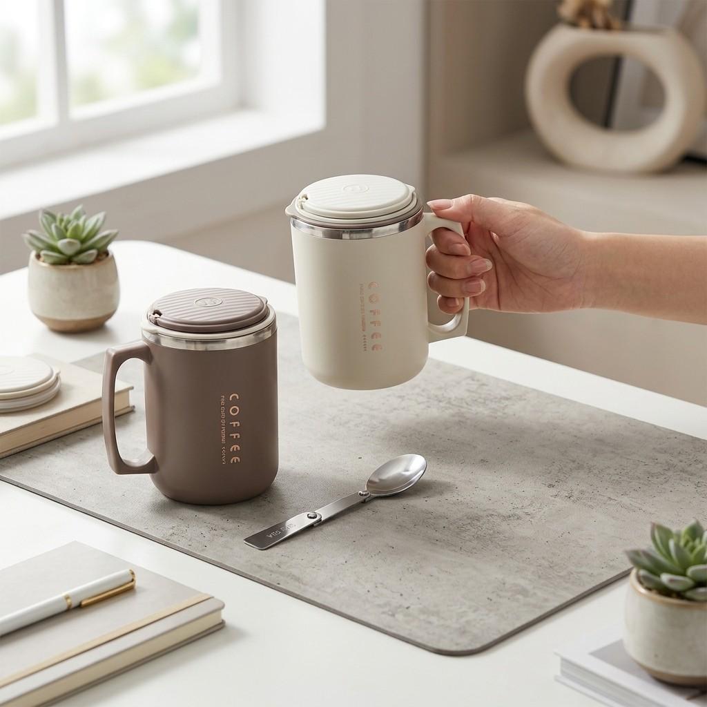 Thermal Coffee Mug Travel Tumbler 304 Stainless Steel Insulated Cup Leakproof with Handle Straw Lid Folding Spoon Portable