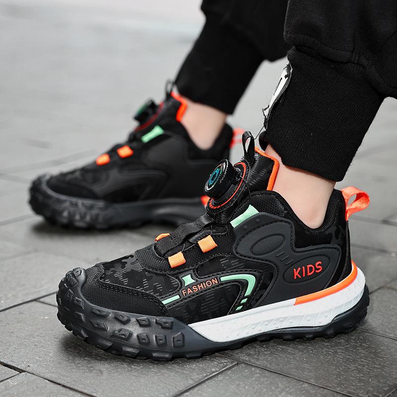 

Children s sports shoes 2025 autumn and winter new middle-aged and older children s rotating button shoes leather surface waterproof boys casual run 29
