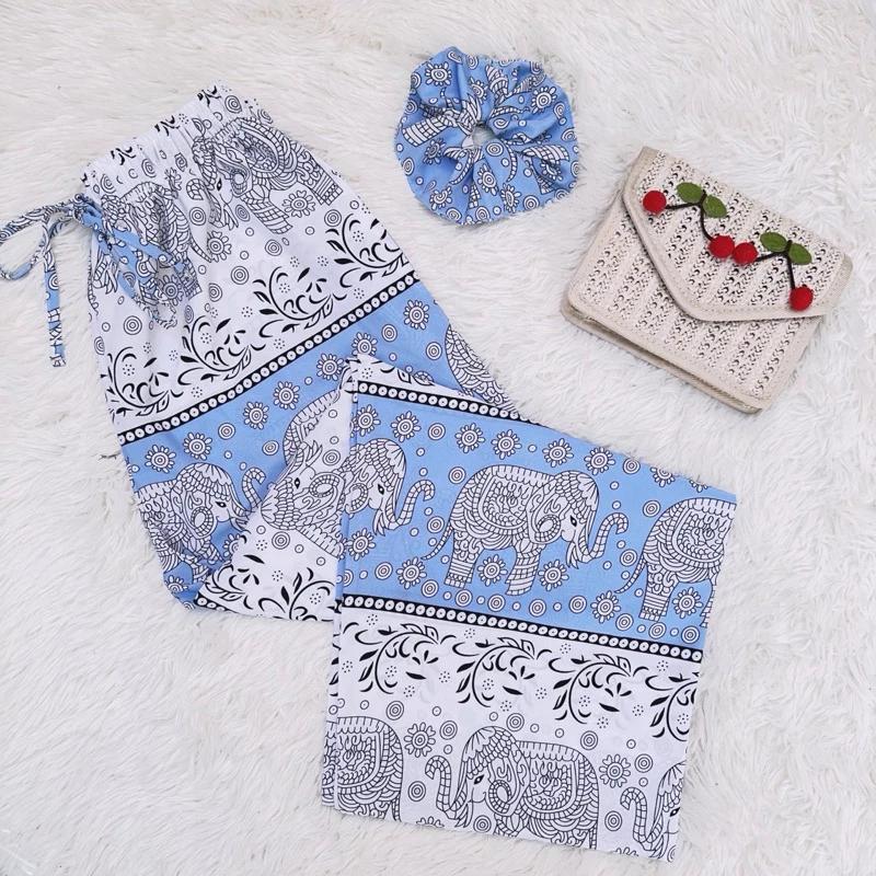 Elephant Pants Women Men Unisex Premium Japanese Silk Print Thailand Casual Streetwear Beach Bohemian Retro Vintage Adjustable Rope Loose Legs