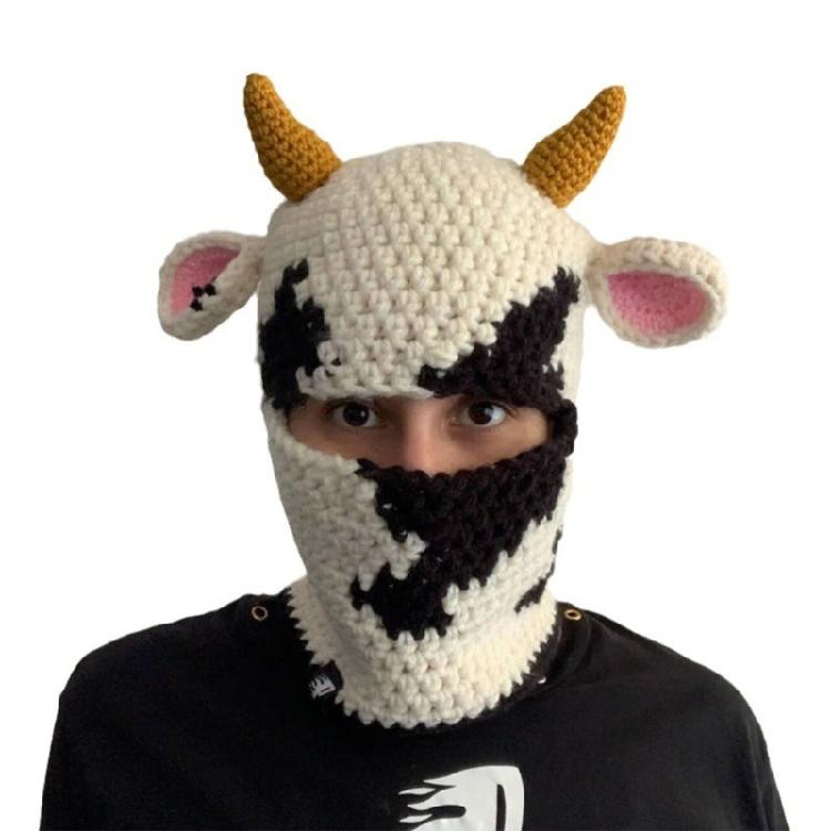 Knit Balaclava Cap Adult Prank Beanie Hat Cow Headcover Halloween Facecover Hat