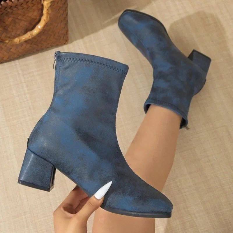 Ankle Chunky High Heel Sock Boots Women Autumn Fashion Pointed Frosted Suede Short Boots Female Pumps Sexy Warm Boots