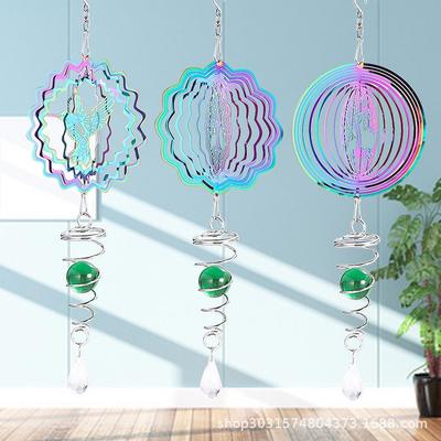 İskandinav 3D Dönen Mandala Rüzgar Çanı, Bahçe Dekorasyonu için Cam Spiral Küre ve Kristal Sarkıt ile
