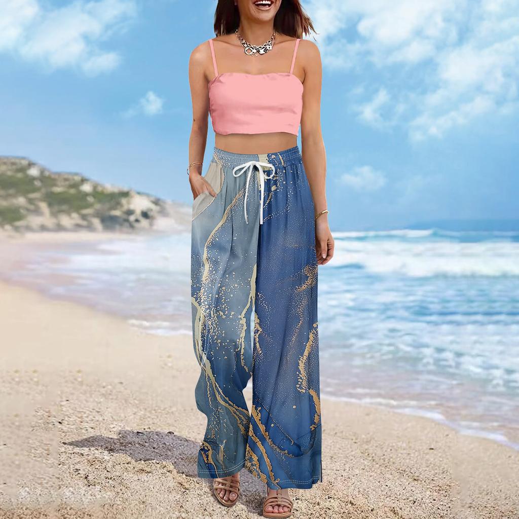 Women Summer Boho Palazzo Pants High Waist Wide Leg Floral Printing Casual Trousers With Pockets