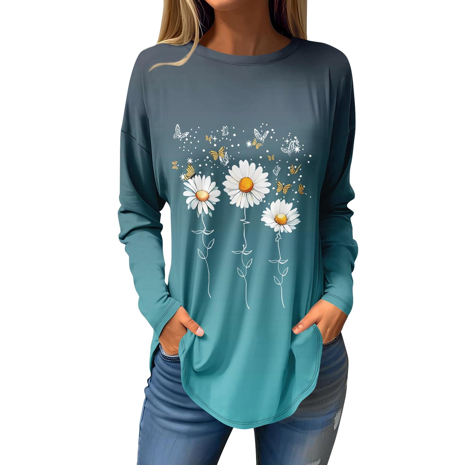 

Женская повседневная футболка с круглым вырезом и цветочным принтом, длинный рукав XXL