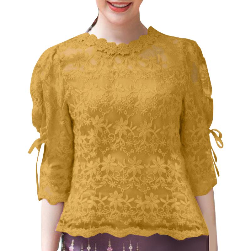 

ZANZEA Женская повседневная блузка с круглым вырезом и полурукавом, летняя, с кружевной вставкой 2XL