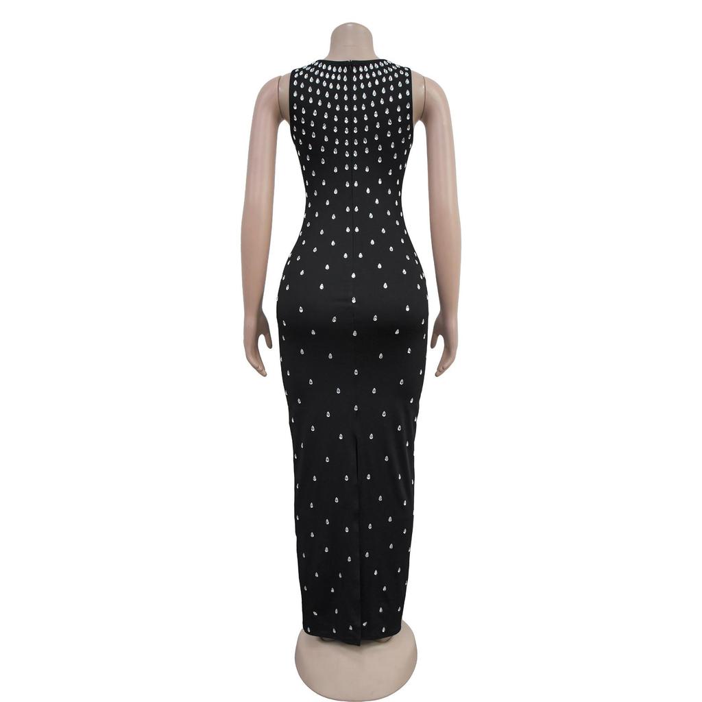 C7117 Fashion Women's Sleeveless U-neck Bodycon Dress with Hot Drilling, European and American Style.