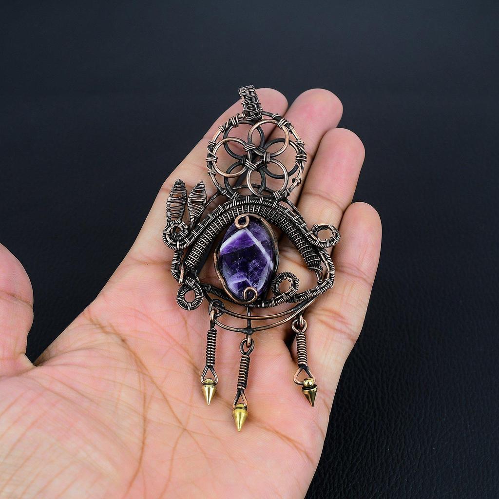 Chevron Amethyst Pendant Gemstone Jewelry, 999 Copper Wire Wrapped Pendant, Handmade Antique Jewelry Gift For Mother