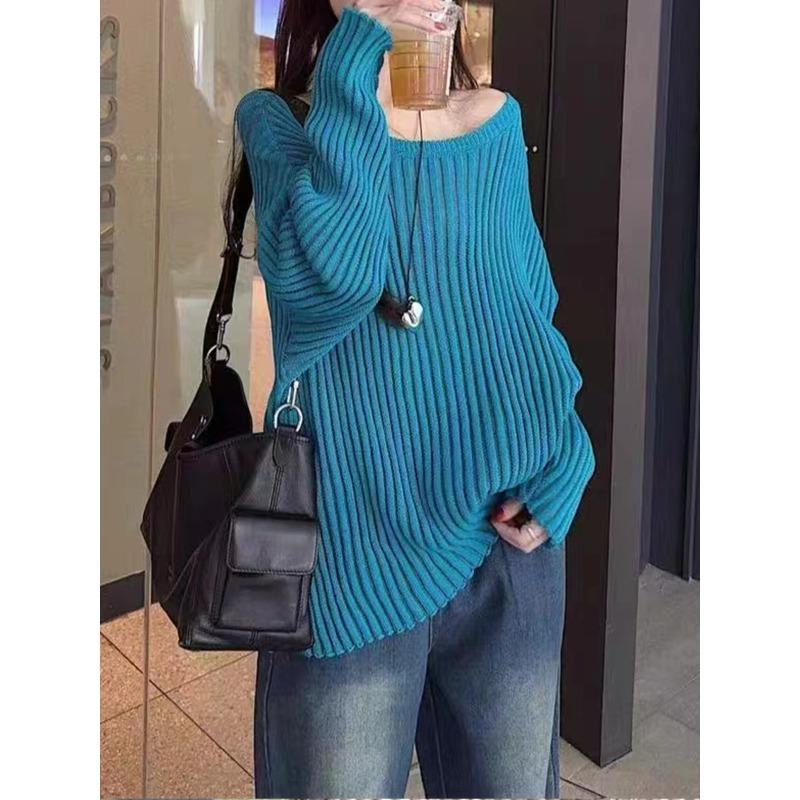 

Весна и лето новый тонкий трикотажный топ с длинным рукавом свободного кроя ленивый ветер мягкий восковой свитер пуловер женский one size fits all синий