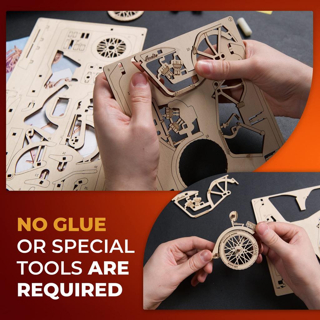Ugears Indie Moto Wooden 3D 3D Easy Beginner Assembly No Glue 42 Estimated Assembly 30 Minutes 2.5D Puzzle, Puzzle, Puzzle, Puzzle, Kit, Vehicle,