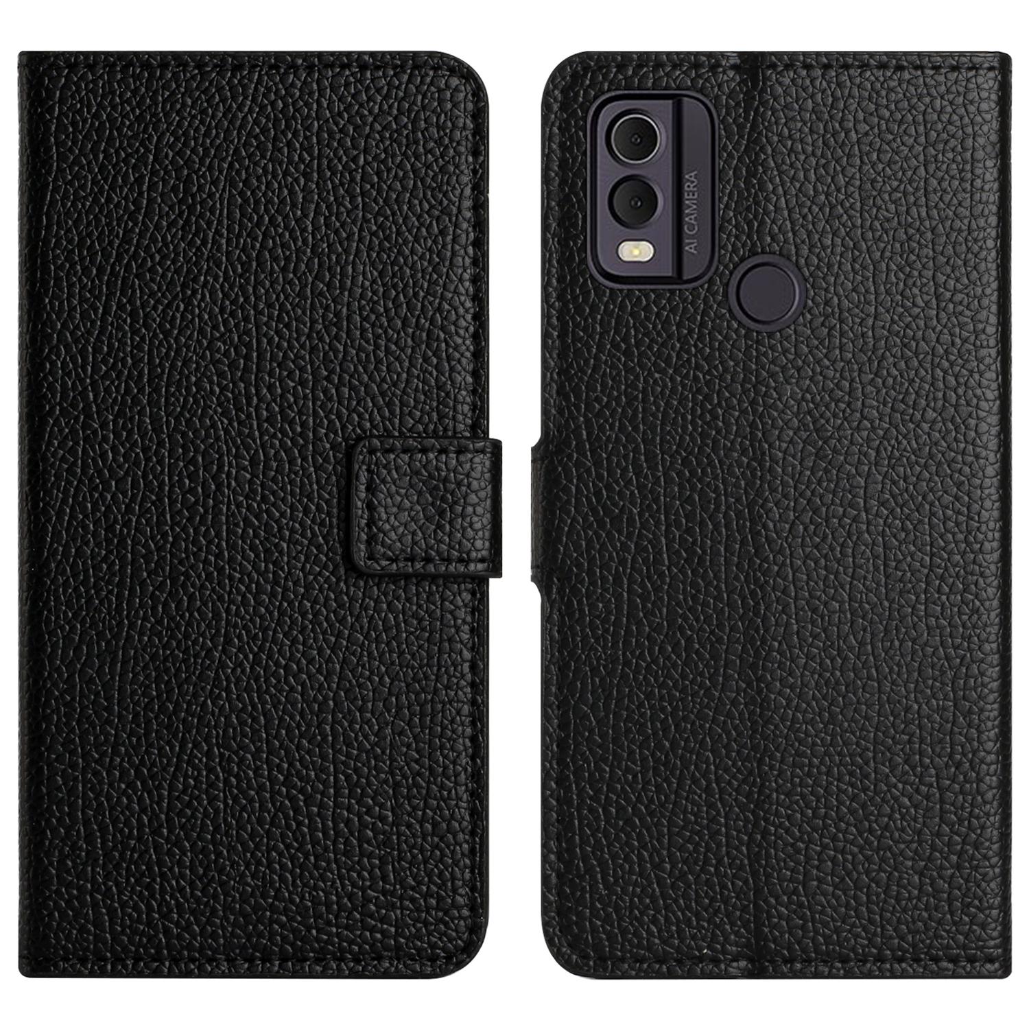 

For Nokia C22/C32 Wallet Cell Phone Case Litchi Texture PU Leather Stand Phone Cover Black