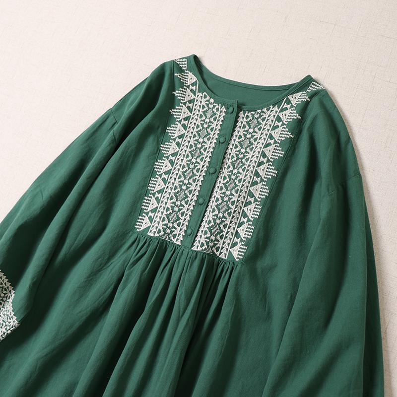 Ele Embroidered Cotton Lin Long Sve Dr Loose Fit A-Line Silhouette Maxi Skirt for Autumn Season Women's Faion
