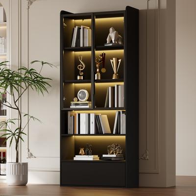 80*34*180cm Vitrinenschrank, Hoher Schrank mit 1 Schublade und Glastüren, LED, Offenes Fach, Wohnzimmerschrank, Schwarz