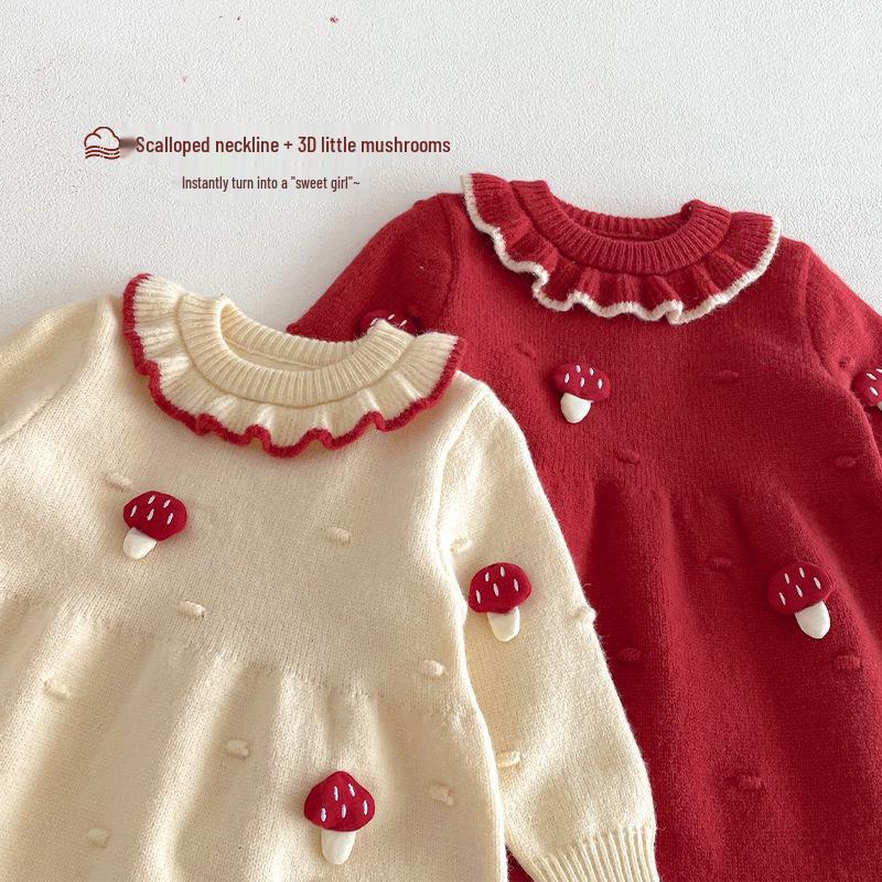 2025 Winter Baby Girls' 3D Mushroom Knit Dress – Chinese New Year & 1st Birthday Outfit