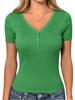 Women V Neck Ribbed Knit Short Sleeve Top with Button Casual Slim Fit Pullover for Everyday Wear