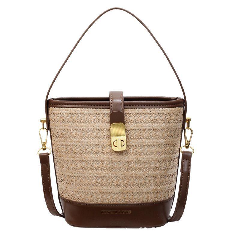 New Textured Straw Bag, Hand-woven Women's Bag, Bucket Beach Bag, Contrast Simple Casual One-shoulder Crossbody Bag