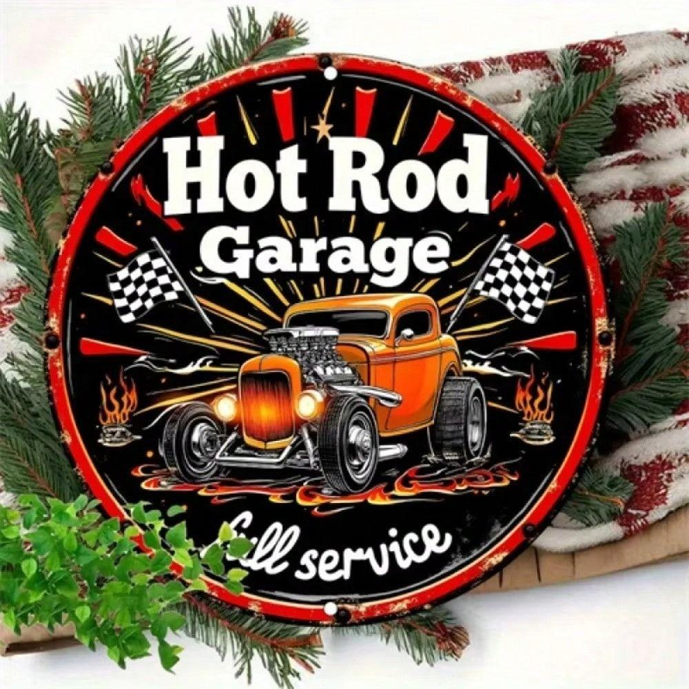 Vintage Hot Rod Metal Wall Decor, 20cm Round Aluminum Sign for Home Bar Cafe