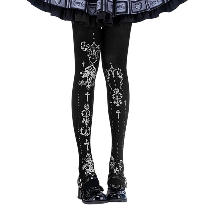 Women's Japanese Gothic Grunge Pantyhose Stockings Harajuku Aesthetic Crosses Print Opaque Tights Leggings Hosiery