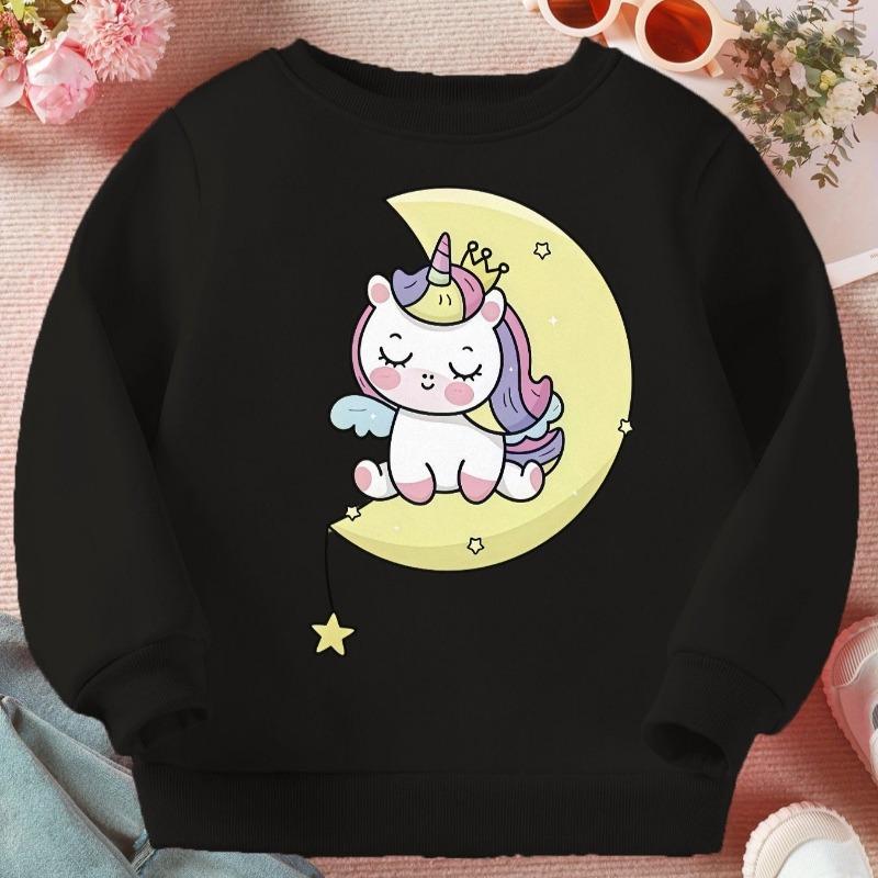 Kids Crewneck Sweatshirt, Cute Unicorn Moon Star Print Sweet Long Sleeve Top for Spring Autumn