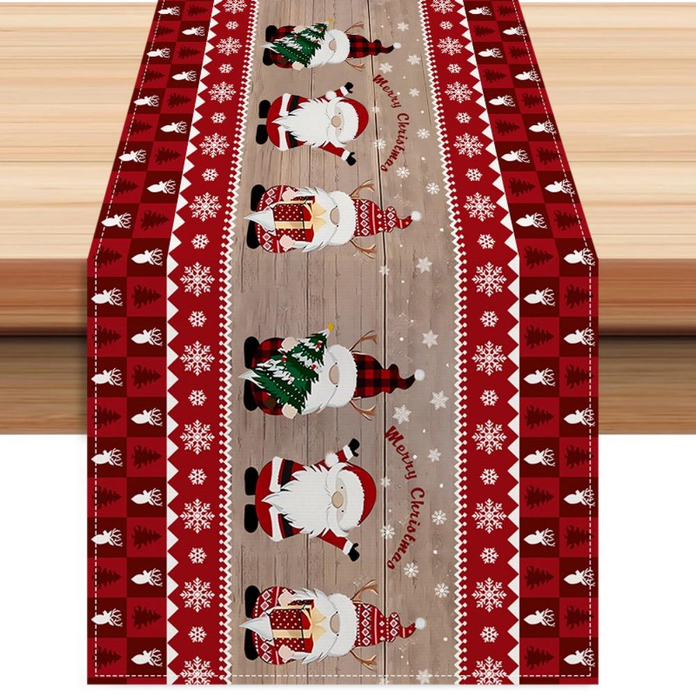 Christmas Red Plaid Table Runner with Gnome Snowman Print for Home Dining Room Decor